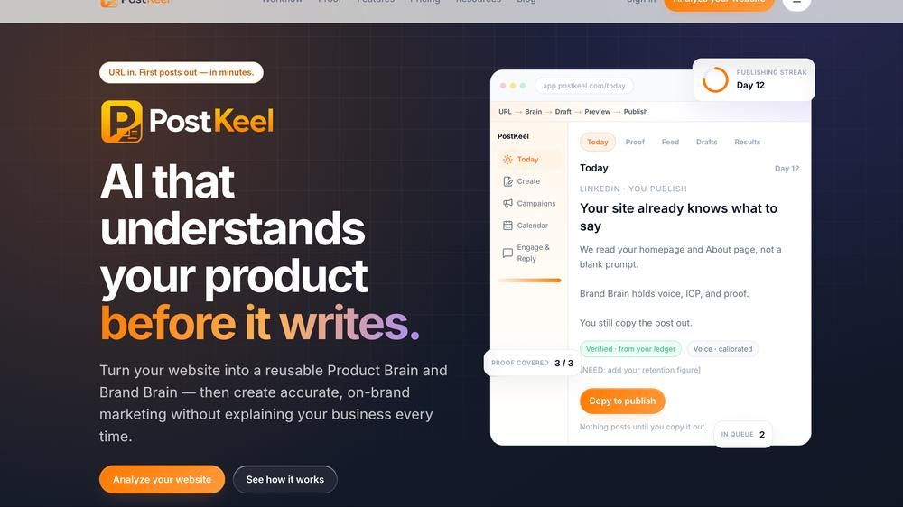 PostKeel — AI marketing platform homepage