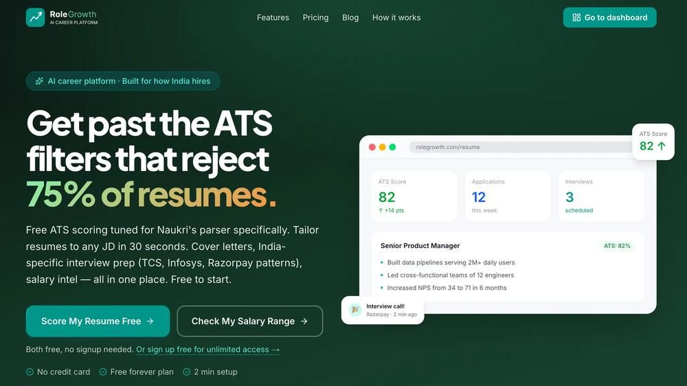 RoleGrowth — AI career platform homepage